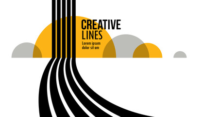 Obraz premium 3D black and white lines in perspective with yellow elements abstract vector background, linear perspective illustration op art, road to horizon.