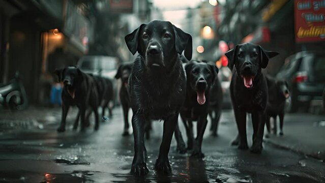 Pack of Black Dogs Roaming City Street with Ai generated.
