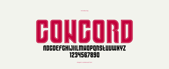 Bold simple sans serif display font for logos headers or slogans, elegant vector thick and beautiful geometric typeface, uppercase letters alphabet with numbers, poster and advertising.