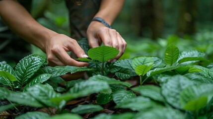 Close-up of hands examining leaves and plants during an educational eco-tour. Minimal and Simple style