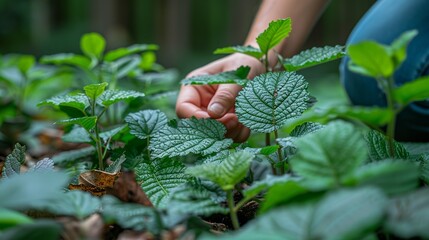 Close-up of hands examining leaves and plants during an educational eco-tour. Minimal and Simple style