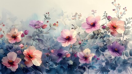 Watercolor wash of a delicate floral scene, layered and translucent, pastel colors, gentle blending, serene and peaceful, light and airy composition, flowers in full bloom, soft purples and greens.