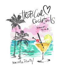 tropical cocktails calligraphy slogan with cocktail glass on the beach hand drawn vector illustration