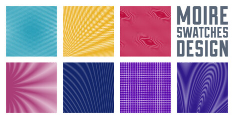 Abstract vector backgrounds set made with linear Moire, op art effect surreal textures, sound and music waves theme, color grid abstractions.
