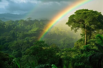 a rainbow is shining in the sky over a green forest, A rainbow over a lush, emerald rainforest