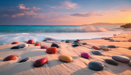 Krajobraz morski, plaża zachód słońca, kolorowe kamienie i fale