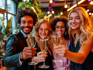 Group of diverse Business people toasting with sparkling wine in the office. Celebration and team building at workplace.