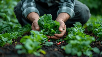 Close-up of hands harvesting vegetables from an organic garden. Minimal and Simple style