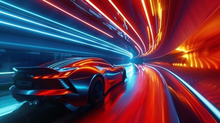 sleek car speeding through futuristic tunnel leaving glowing light trails 3d illustration