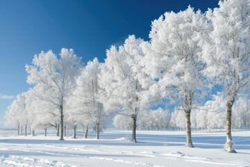 a snowy road with trees and snow on the ground, A snowy winter landscape with trees draped in white