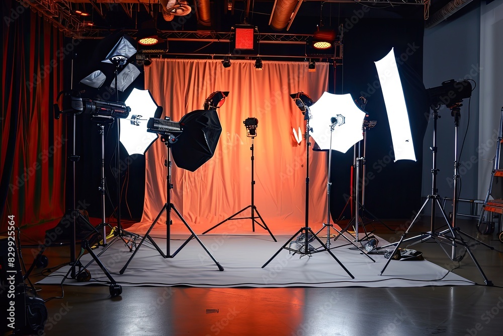 Aufkleber a photo studio with lighting equipment and a red curtain, A studio setup with multiple light sources for a dynamic and vibrant scene
