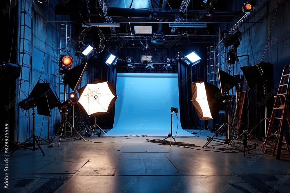 Aufkleber a photo studio with lighting equipment and a red curtain, A studio setup with multiple light sources for a dynamic and vibrant scene
