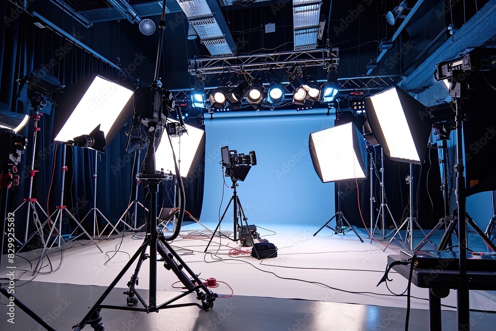 Aufkleber a photo studio with lighting equipment and a red curtain, A studio setup with multiple light sources for a dynamic and vibrant scene