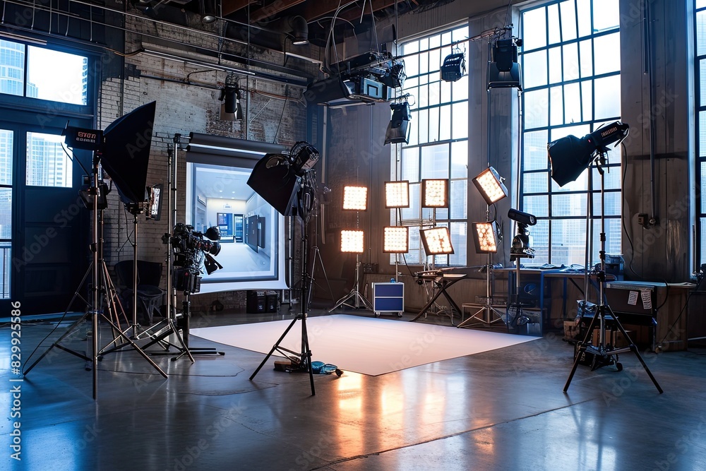 Poster a photo studio with lighting equipment and a red curtain, A studio setup with multiple light sources for a dynamic and vibrant scene