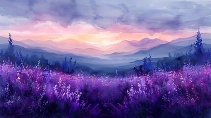 Watercolor wash of lavender fields at dusk, gentle strokes, gradient purples blending with soft blues, dreamy and serene, delicate lavender flowers, light and airy composition, peaceful ambiance.