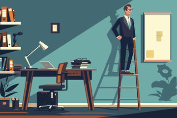 Businessman Climbing Ladder from Desk to Higher Level, Representing Career Growth and Ambition