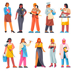 Obraz premium Women different professions. Woman occupations, female profession characters in professional worker uniform lady career builder teacher police cook job, recent vector illustration
