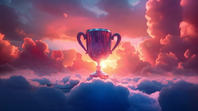 A golden trophy stands tall against a vibrant sunset sky, symbolizing success and achievement.