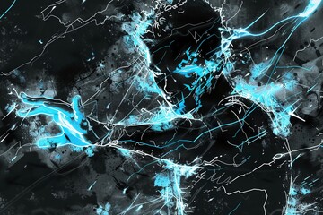Electric surge: A dark background explodes with blue lightning as electric energy courses through an anime character in black and blue