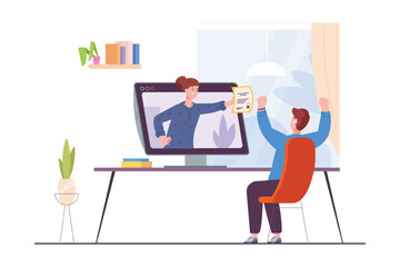 Graduate distant education. Happy man received diploma digital certificate from online school teacher in computer screen, business web course elearning student vector illustration