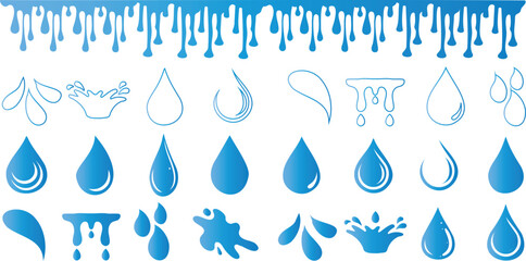 Water droplet splash drip icons in various shapes and designs. Perfect for websites, apps, and designs needing water themed elements. Ideal for eco, nature, and wellness projects