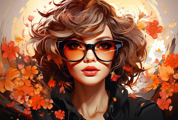 Autumnal Portrait of Young Woman with Bob Haircut and Glasses