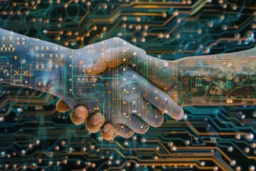 two hands shaking over a circuit board, Circuit board city grids