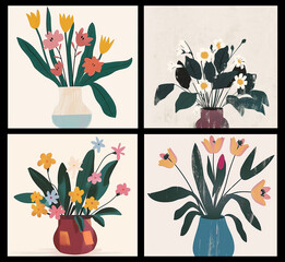 set of flowers bouquets in vase - postcard illustration background