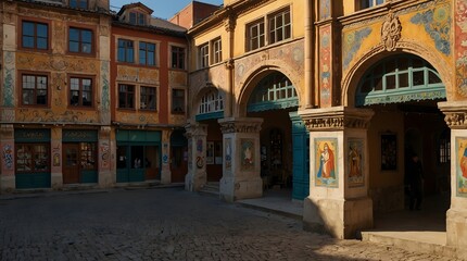 Obraz premium A bustling market square lined with buildings featuring intricately painted windows, each telling a unique tale of the city's history ai_generated