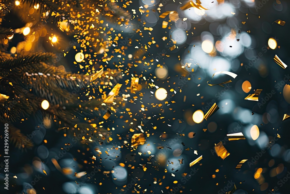 Poster a blurry image of a bunch of gold confetti, craft a dynamic scene with falling gold confetti and twi