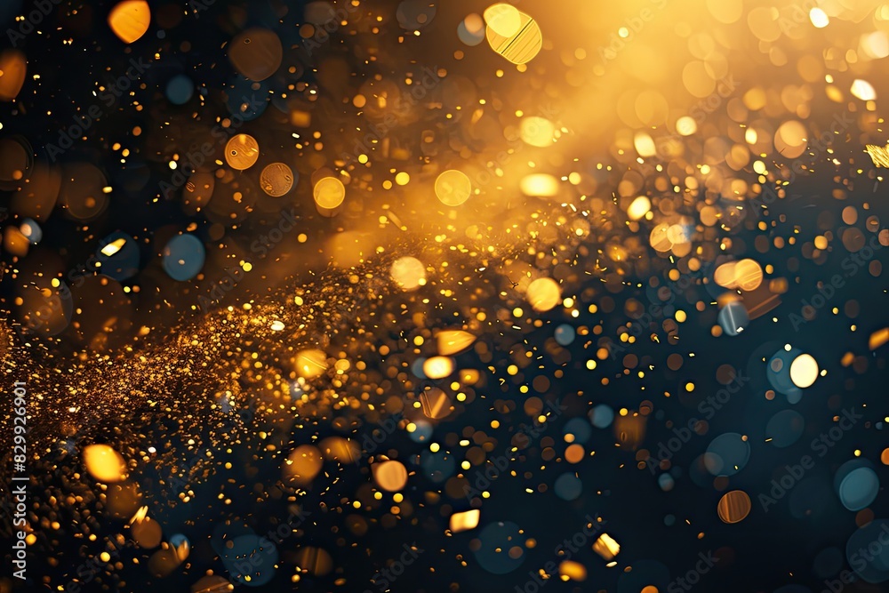 Poster a blurry image of a bunch of gold confetti, craft a dynamic scene with falling gold confetti and twi