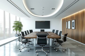 a conference room with a long table and chairs, Craft a modern conference room with sleek furniture and technology
