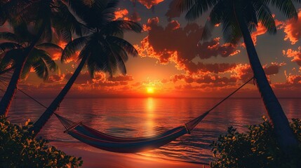 Experience the magic of summer with this stunning sunset ocean view backdrop. Silhouetted palm trees and a hammock set the scene for relaxation and blissful tranquility at 16:9 ratio.