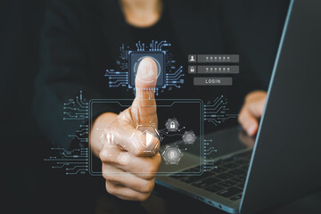 Business people is Fingerprint scanning for Security and reset password login online. Cybersecurity network and data protection concept. internet access Future technology and cybernetics.