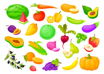 Cartoon vegetables and fruit. Local vegetable produce or fresh fruits berries collection, various seasonal healthy vegan food set garden meal ingredients, neat vector illustration