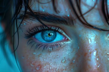 Macro shot captures the intense detail of water droplets on human skin and a clear reflection on the eye