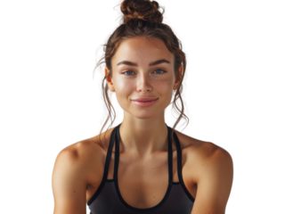 A woman with a ponytail and a black tank top is smiling