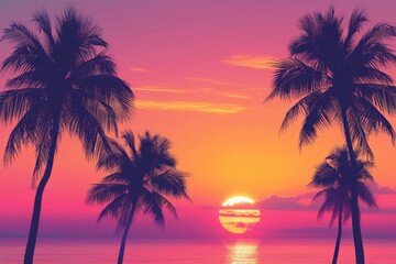 a sunset with palm trees and the ocean, Design a minimalist beach sunset with silhouettes of palm trees