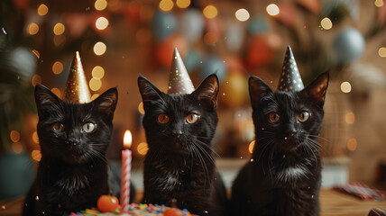 Black cats are celebrating birthday with cake and candles. Holidays and celebration concept.