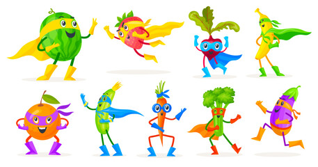 Superhero fruits and vegetables. Super fruit or vegetable hero cartoon characters, funny cute childish silly mascot banana orange vegan food fun character, neat vector illustration