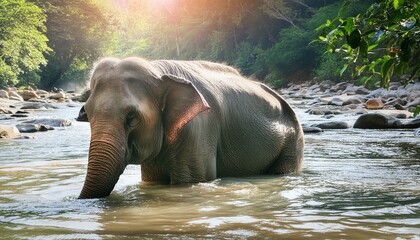 Um elefante tomando banho em um rio