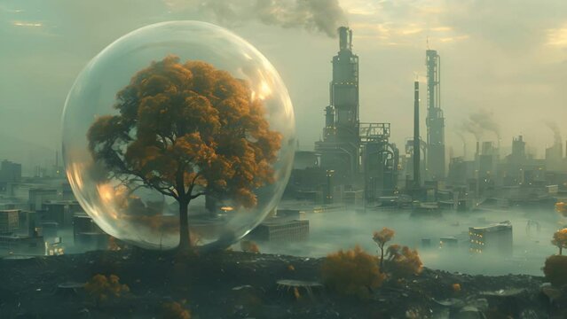 A lone tree encased in a bubble, protected from the polluted industrial cityscape behind it.