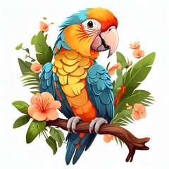 A parrot in cartoon style. Cute parrot isolated on white background. Watercolor drawing, hand-drawn parrot in watercolor. illustration.