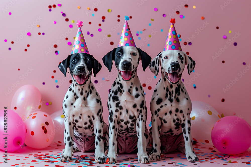 Wall mural Group of dalmatian puppies are wearing birthday hats.  - Wall murals