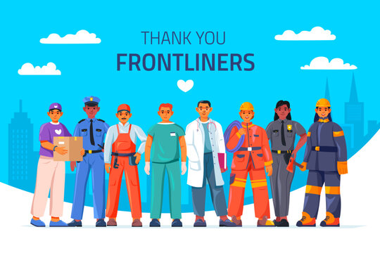 Essential workers. Frontline professional worker teamwork, hero work occupation people group in service job uniform police healthcare delivery plumber, recent vector illustration