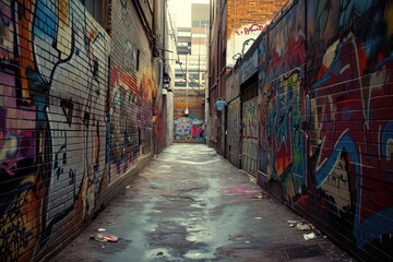 a narrow alley with graffiti on the walls, Graffiti-covered walls in an urban alleyway