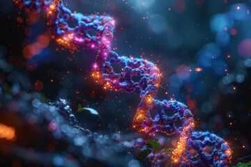 Fototapeta premium An artistic representation of a DNA double helix structure illuminated with vibrant, neon colors, set against a dark, abstract background