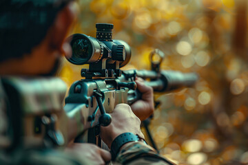 Generative ai on theme of a man aims through the optical sight of sniper rifle to hit the target