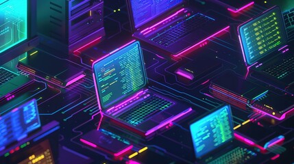 Server racks, cloud computing and laptop showing program in isometric style design