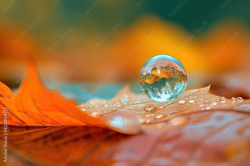Aufkleber a close up of a leaf with a water drop, the delicate touch of a bubble landing on a leaf